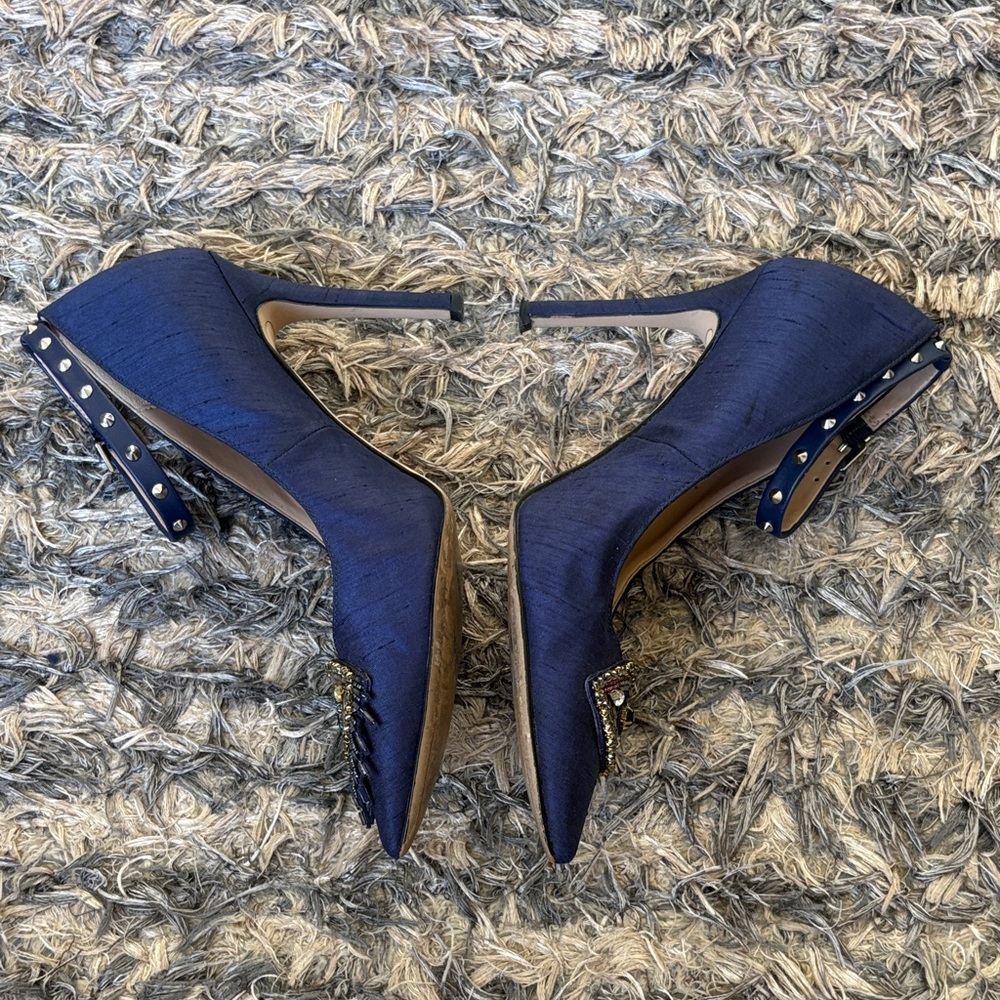 Sam Edelman Navy Beaded Pointed Toe Ankle Strap Heels Size 6 Limited Edition - Picture 14 of 16